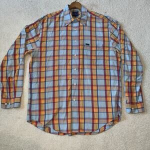 Faconnable Shirt Men’s LARGE Button Up Long Sleeve Blue Orange Red Plaid